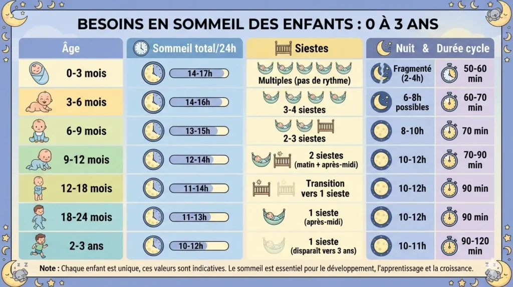 Tableau des besoins en sommeil du bébé de 0 à 3 ans avec durées, siestes et cycles – guide complet et conseils